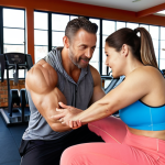 A professional male fitness trainer, mid-30s, with a warm, encouraging demeanor, actively consults with a female client, mid-20s, in a modern, well-lit gym. The trainer points to a digital tablet displaying a personalized workout plan and a progress chart, while the client listens attentively, showing renewed motivation. In the background, various gym equipment emphasizes a functional training space. The overall atmosphere is positive, focused on collaboration and achieving specific, realistic goals. Soft, natural lighting.