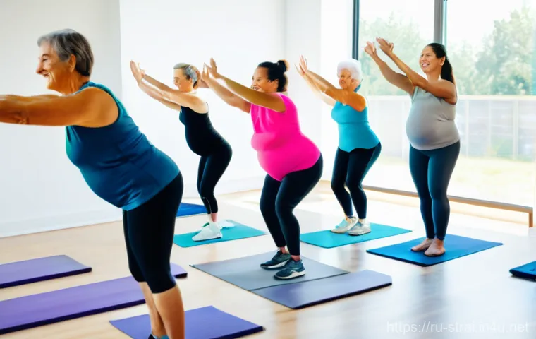 스포츠 트레이너 채용 시장 동향 - A vibrant and diverse group of individuals, representing various ages, body types, and genders, enga...