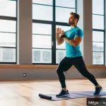 Home 15 스포츠 트레이너의 하루 루틴 - A professional fitness coach performing a dynamic morning warm-up routine in a bright, modern gym st...