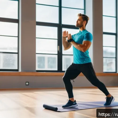 Home 27 스포츠 트레이너의 하루 루틴 - A professional fitness coach performing a dynamic morning warm-up routine in a bright, modern gym st...