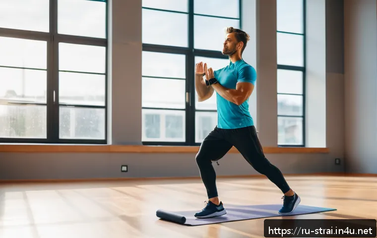 스포츠 트레이너의 하루 루틴 - A professional fitness coach performing a dynamic morning warm-up routine in a bright, modern gym st...