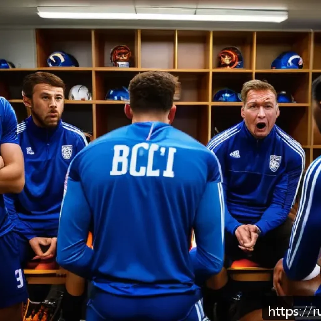 스포츠 트레이너 업무 중 발생한 에피소드 - A dynamic football locker room scene capturing tense emotions after a controversial coaching decisio...