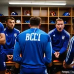 Home 14 스포츠 트레이너 업무 중 발생한 에피소드 - A dynamic football locker room scene capturing tense emotions after a controversial coaching decisio...