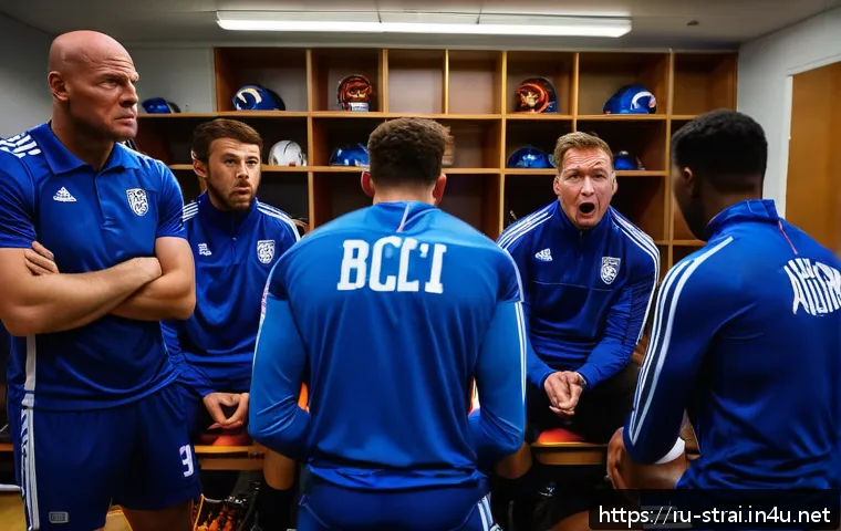 스포츠 트레이너 업무 중 발생한 에피소드 - A dynamic football locker room scene capturing tense emotions after a controversial coaching decisio...