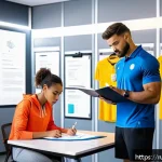 Home 19 스포츠 트레이너가 알아야 할 스포츠 법률 기초 - A professional sports coach carefully reviewing legal documents and contracts with a young adult ath...
