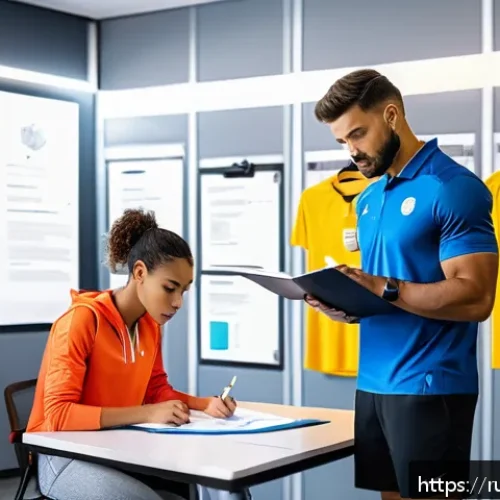 Home 13 스포츠 트레이너가 알아야 할 스포츠 법률 기초 - A professional sports coach carefully reviewing legal documents and contracts with a young adult ath...