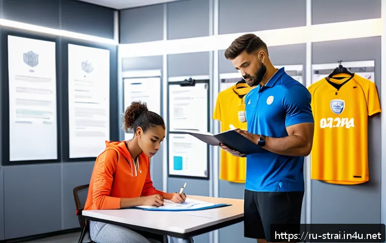 스포츠 트레이너가 알아야 할 스포츠 법률 기초 - A professional sports coach carefully reviewing legal documents and contracts with a young adult ath...