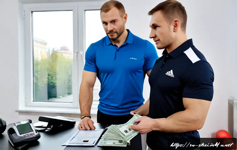 스포츠 트레이너 연봉 협상 전략 - Photorealistic sports trainer salary negotiation meeting in a modern Moscow fitness center office, c...