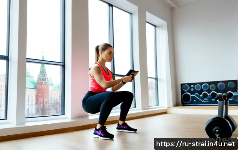 스포츠 트레이너의 스마트 기술 활용법 - Photorealistic modern sports trainer in a bright Moscow fitness studio, wearing modest athletic clot...