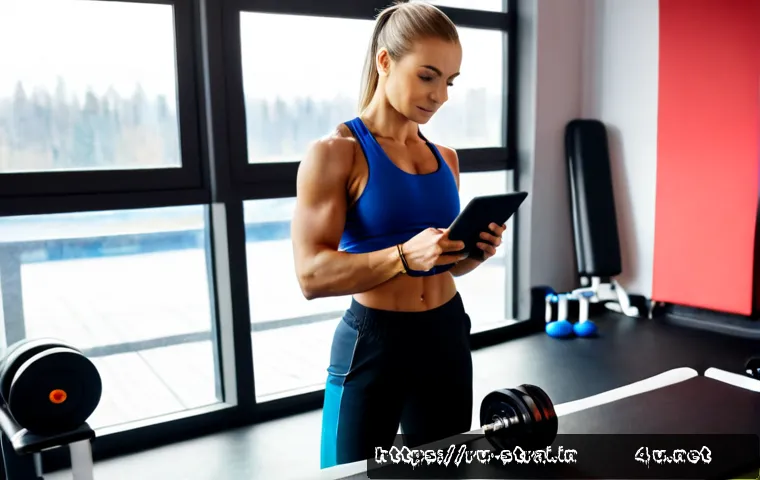 Home 17 스포츠 트레이너 업무 효율성을 높이는 팁 - Photorealistic sports trainer in a modern Moscow fitness studio, efficiently planning a client worko...